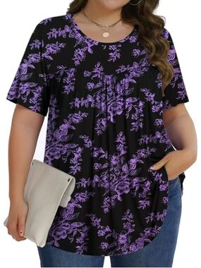 Black & Purple Floral Short Sleeve Women's Top